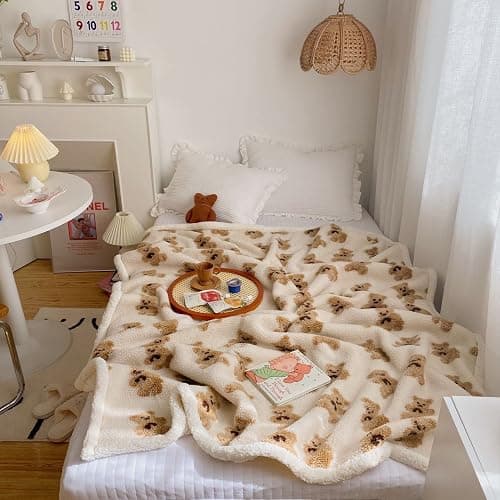 HOKMAH Cute Bear Fleece Thick Warm Blanket for Winter, Kawaii Bear Sherpa Throw Blanket for Sofa, Cozy Luxury Plush Bed Blankets (White,28x40) thumbnail 4