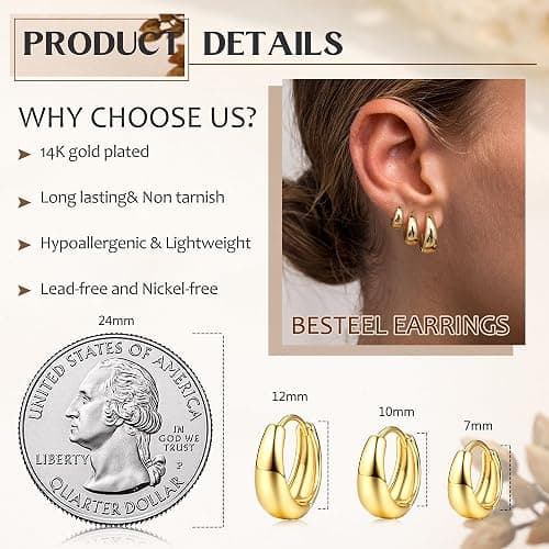 BESTEEL 3Pairs 14K Gold Plated Hoop Earrings Set for Women Chunky Earring Silver Plated Hypoallergenic Small Huggie Hoops Lightweight Tiny Thick Trendy Hoop Earrings Stacks for Multiple Piercing thumbnail 5