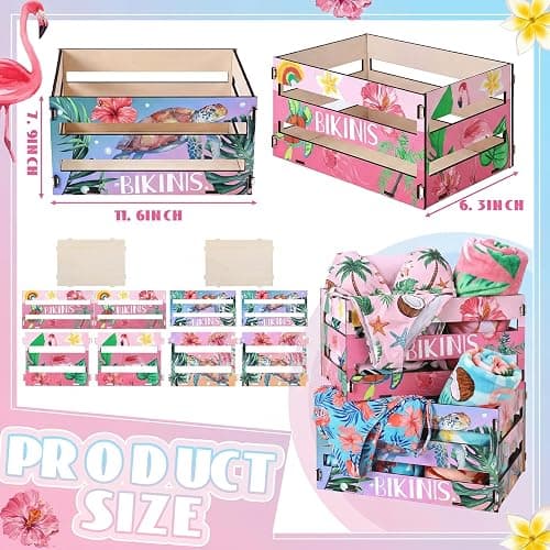 Yinkin 2 Pcs Hawaiian Bikini Wooden Crate, 11.6" x 6.3" x 7.9" Summer Tropical Beach Bikini Storage Box Palm Tree Hibiscus Wood Crates Unassembled Summer Party Supply for Beach Tropical Party Decor thumbnail 3