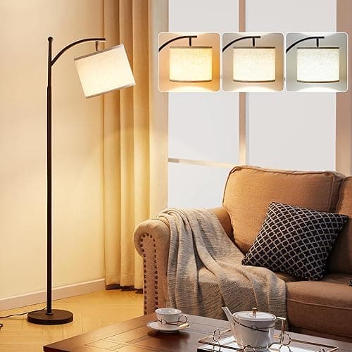 Ambimall 60" Floor Lamps for Living Room with 3 Color Temperatures, Standing Lamp Tall with Adjustable Linen Shade, Tall Lamps for Living Room Bedroom Office Classroom Dorm Room(9W Bulb Included) - Beige & Black - 60 inches