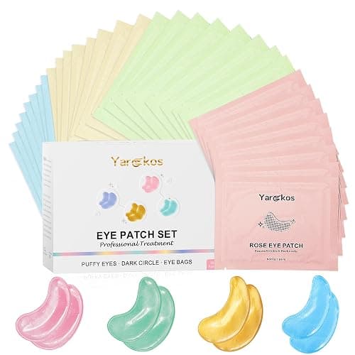 Yargkos 32 Pairs Under Eye Patches, Hydrating Eye Masks for Dark Circles Puffiness Puffy Eyes, Anti Wrinkle Collagen Undereye Pads, 32 Sets Travel Skincare Face Gel (24K Golden+Blue+Pink+Green) - Image 1