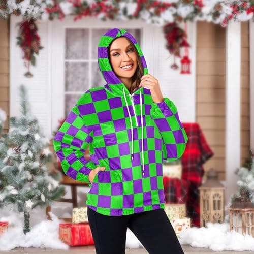 UMIRIKO Purple and Green Buffalo Checkered Womens Sweatshirts Fuzzy Fleece Hoodies Fluffy Coat Zipper Pullover with Pockets S thumbnail 6