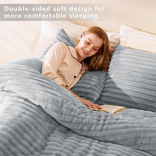 CozyLux Fluffy Queen Comforter Set - Super Soft & Warm Grey Comforter Queen Size, Winter Fleece Bedding Set, 3 Pieces Plush Fuzzy Bed Set (1 Shaggy Comforter, 2 Pillowcases) thumbnail 7
