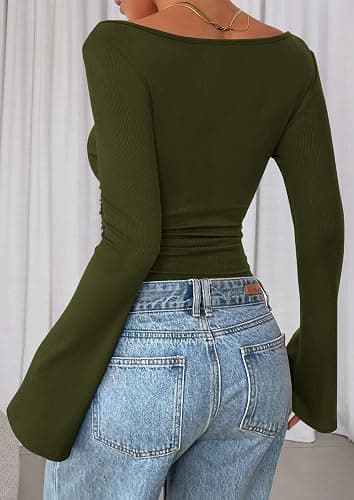 PRETTYGARDEN Women's Long Sleeve Shirts 2025 Fall Crop Going Out Tops Casual Boat Neck Bell Sleeve Ribbed Ruched Y2K Clothes thumbnail 6