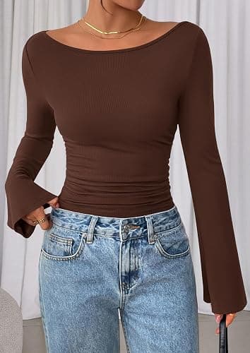 Women's Long Sleeve Shirts 2025 Fall Crop Going Out Tops Casual Boat Neck Bell Sleeve Ribbed Ruched Y2K Clothes thumbnail 8