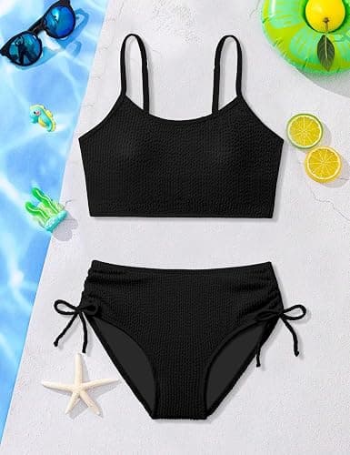 Boiltcat Girls Swimsuit Solid Color Adjustable Spaghetti Straps Drawstring Two Piece Bikini Set Girls Bathing Suit for 9-16Y thumbnail 6