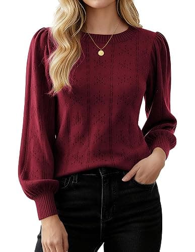 GRACE KARIN Women's Long Lantern Sleeve Crew Neck Crochet Top Hollow Out Fall Pullover Sweater - Image 1