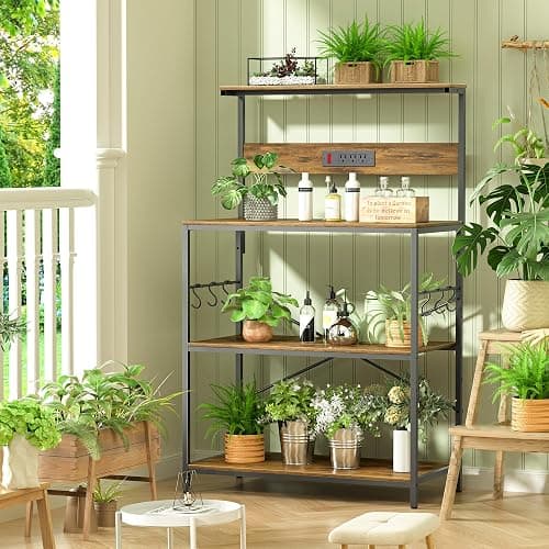 VUSIGN Kitchen Bakers Rack with Power Outlet, 4-Tier Coffee Stand with 6 S Hooks, Adjustable Kitchen Microwave Stand, Appliance Storage Shelf Rack for Spices, Pots and Pans, Rustic Brown,31.5" W thumbnail 9