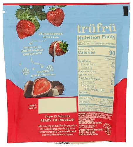 Tru Fru Frozen Strawberries in Milk & White Chocolate, 8 Ounce Bag | Real whole fruit snack; 90 calories per 1 oz serving; thaw 15 minutes, ready to eat; frozen dessert; 8 servings per bag thumbnail 2
