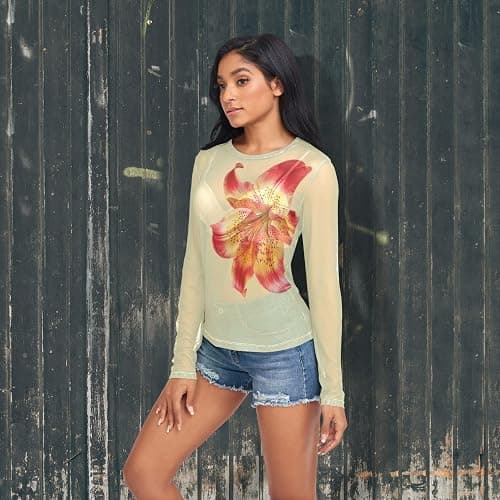 CTYSHTDL Women Mesh Tops Sexy- Sheer Long Sleeve Shirts Crew Neck Going Out Tops thumbnail 3