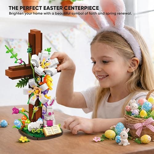 HiDectee Christian Cross Flower Building Set - Jesus Botanical Lily Cross with Bible Base & Spring Garden - Religious Faith Gifts for Women, Mom & Grandma - Spiritual Home Decor, Baptism thumbnail 2