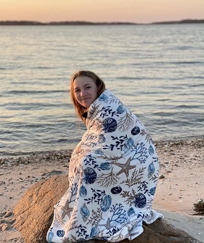Coastal Ocean Beach Throw Blanket: Soft Plush Velvet Fleece Seashells Hues of Blue Grey on White Accent for Couch or Bed, Colored: Blue Gray Taupe White, 50" x 70" thumbnail 3