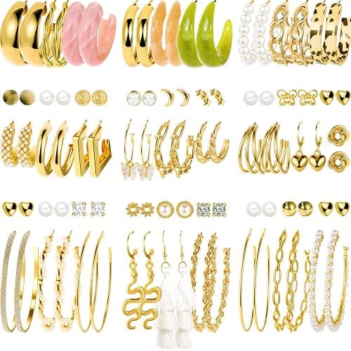 45 Pairs Gold Hoop Earrings for Women, Chunky Twisted Small Big Hoops Earring Packs Set, Earrings for women multipack, Fashion Trendy Earrings Jewelry for Birthday Party Christmas Gift - Image 1