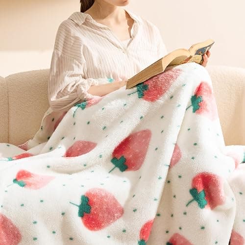 Bedsure Cute Strawberry Decor Throw Blanket Pink for Kids - Soft Fleece Throw Home Decor for Girls Women Teens as Birthday, GentleSoft Cozy Fruit Pattern Blankets for Couch Bed, 50x60 - Image 1
