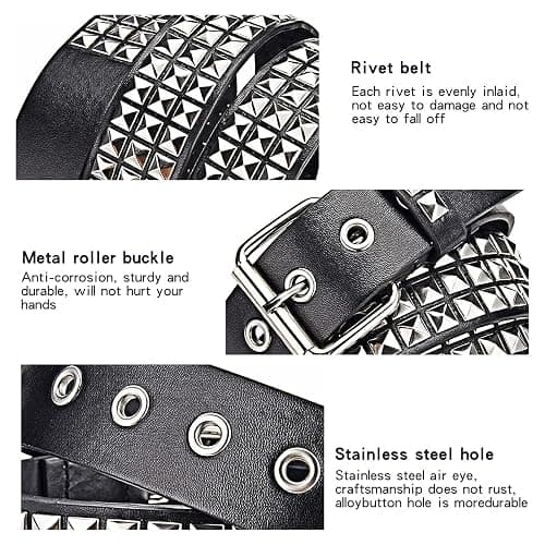 FOCAST Black Studded Belt Punk Rock Rivet Belt Grommet Threads belt with Bright Metal Pyramid for Women Men thumbnail 5