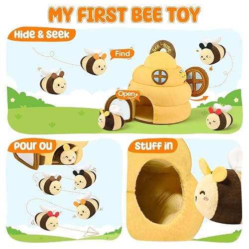 Baby Toys 6-12 Months - Beehive Infant Toy with 5 Sensory Bees Stuffed Animals, Crinkle, Rattle, Mirror & Music, Montessori Toys for 6 7 8 9 10 11 12 Month Old Baby Boys Girls Birthday Christmas Gift thumbnail 4