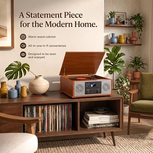 10 in 1 Bluetooth Record Player All-in-One Multimedia Center | Stereo Speakers, CD Player, Internet Radio, 3-Speed Turntable, Clock, Alarm, USB Recording, RCA Out, LCD Display, Red Wood thumbnail 12