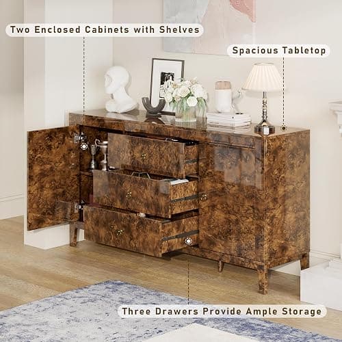 LUXOAK 60'' Burl Wood Buffet Sideboard, High Gloss Storage Cabinet with 3 Drawers & 2 Closed Cabinets, Mid-Century Modern Buffet Table for Dining Room Living Room, Dark Brown Burl thumbnail 3