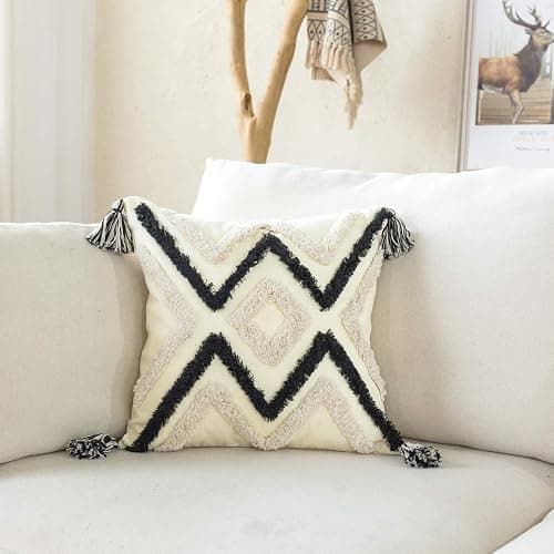 Woven Tufted Boho Throw Pillow Cover, Modern Decorative Geometric Chevron Striped Cushion with Tassels, Farmhouse Tribal Pillowcases for Couch Sofa Bedroom Living Room, 18 x 18 Inches, Black, Ivory thumbnail 3