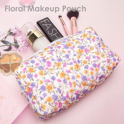 PAZIMIIK Vintage Quilted Makeup Bag Cosmetic Pouch for Brushes Pencils and Travel Make Up Accessories for Women and Girls,Little flower thumbnail 3
