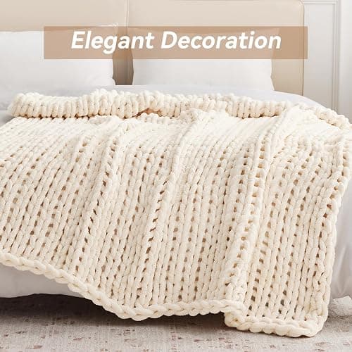 Negwoo Chunky Knit Throw Blanket, 50''*60'' Knitted Throw Chenille Yarn for Bed Couch, Handmade Cream Crochet Big Thick Blanket, Machine Washable Cute Comfy Blanket for Home Decor thumbnail 8
