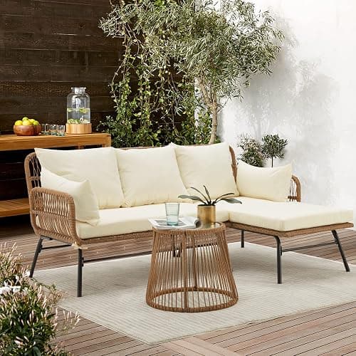 EROMMY 3 Piece Patio Furniture Set, L-Shaped Sectional Conversation Sofa Set with Thick Cushions and Toughened Glass Coffee Table for Backyard Balcony Garden Porch, White thumbnail 2
