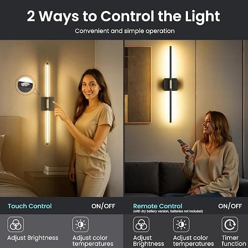 Battery Operated Wall Sconces Set of Two, 10000mAh Rechargeable Wall Lights with Remote Control, 360° Rotate Dimmable Black Gold LED Cordless Lighting for Bedroom, Living Room, Hallway, 29 Inch, 3CCT thumbnail 6