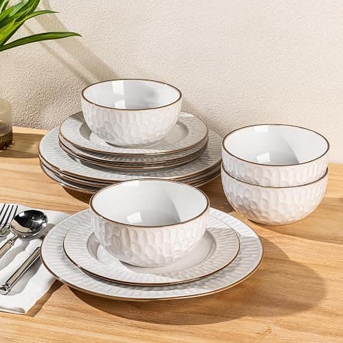 GBHOME Ceramic Dinnerware Sets,12 pcs Embossed Elegant Stoneware Plates and Bowls Sets, Housewarming Wedding Gift | Dishwasher & Microwave Safe | Dishes Set Service for 6 thumbnail 3
