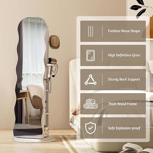 Vlsrka 360° Swivel Jewelry Aromire with Wavy Mirror, Lockable Jewelry Organizer Mirror Full Length, Rotatable Standing Mirror with Storage, Jewelry Cabinet, Interior Mirror, Flodable Shelf, White thumbnail 6