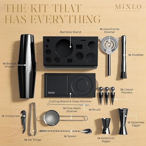 MIXLO HOME Mixology Bartender Kit - 15Pcs Bar Set Cocktail Shaker Set w Black Bar Cart Accessories Stand - Shakers Bartending Gun Metal Black Tools, 24oz Shaker, 17 Recipe Cards, Martini Barware thumbnail 3