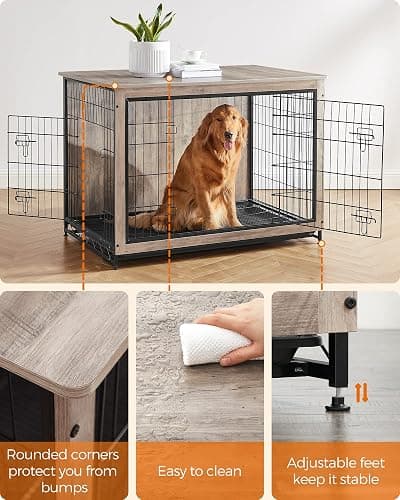 Feandrea Dog Crate Furniture, Side End Table, Heavy-Duty Modern Kennel Cage with Multi-Purpose Removable Tray, Double Doors, for Dogs up to 36 kg, Greige UPFC004G01 thumbnail 9