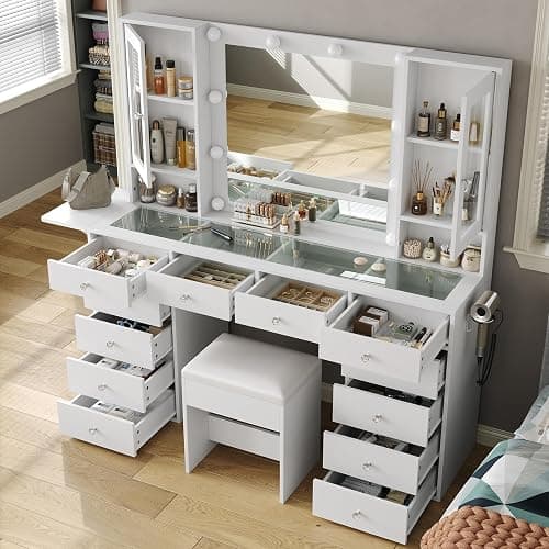 Vanity with Mirror and 10 LED Lights,Vanity Desk with Power Outlet, Makeup Vanity with 12 Drawers and 2 Cabinets, Fold-up Panel, Glass Top Vanity Table with Chair for Bedroom, White thumbnail 6