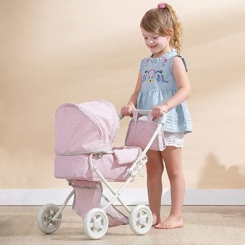 Olivia's Little World Buggy-Style Baby Doll Stroller with Retractable Canopy, Storage Underneath, Detachable Bassinet, Travel Nursery Bag, Comfortable to Push, Pink and Gray thumbnail 2