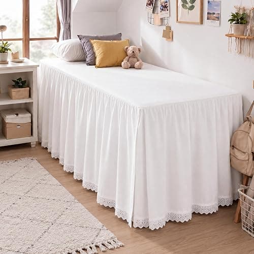 Hahafelt Twin XL Dorm Bed Skirt, 32 Inch Drop White Ruffled Bed Skirt with Scalloped Lace Trim, Wrap Around Adjustable Dust Ruffle with Split Corners, College Dorm Room Decor - Image 1