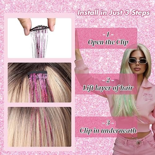 Plenday Hot Pink Hair Tinsel Clip In,18Pcs 24 Inch Fairy Hair Accessories | Beginners Friendly,Heat Resistant,Glitter Hair,Back to School Birthday Stage Party, Gift Festival,Cosplay,Women/Girls/Teen thumbnail 6