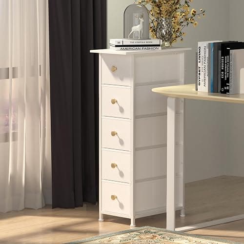 GiftGo Narrow Dresser Cabinet Vertical Slim Dresser Chest of Drawers Skinny Storage Tower for Small Spaces Gaps Closet Bedroom Bathroom Small Fabric Drawer Unit (White, 5 Drawers) thumbnail 7