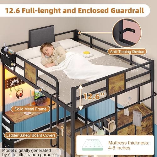 Dnxao Full Size Loft Bed with Desk, Heavy Duty Metal Bed Frame for Teens Adults, 6 Storage Drawers, Power Outlet with Type-C, LED Lights, Integrated Study Workstation for Small Room, Rustic Brown thumbnail 6