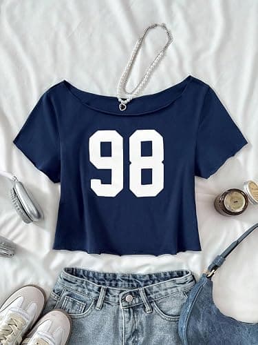SOLY HUX Girl's Off The Shoulder Summer Crop Tops Number Graphic Short Sleeve Boat Neck Tee Shirts thumbnail 4