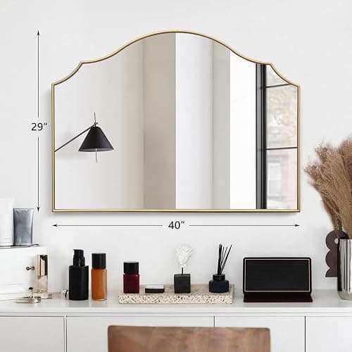 Besdomus Gold Scalloped Wall Mirror: 40"x29" Large Modern Minimalist Bathroom Mirror - Decorative Vanity Arched for Dresser/Entryway/Fireplace/Mantle/Living Room - Home Decor for Housewife thumbnail 2