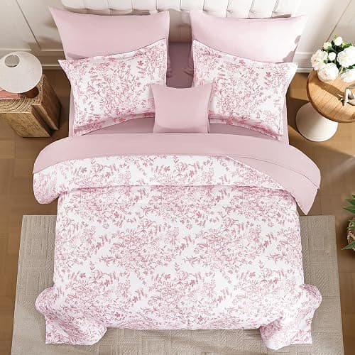 WONGS BEDDING King Size Comforter Set, 8 Pieces Pink Floral Bed in a Bag Comforter Sets, Botanical Print Soft Fluffy Microfiber Complete Bedding Sets for All Season (90"x104") thumbnail 3