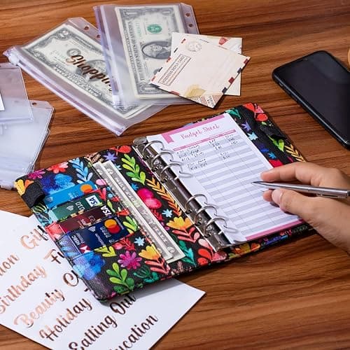 A6 Budget Binder for Money Saving, PU Leather Budget Planner with 8 Cash Envelopes, Budget Sheets & Rose Gold Category Stickers, Money Organizer for Cash (Floral) thumbnail 2