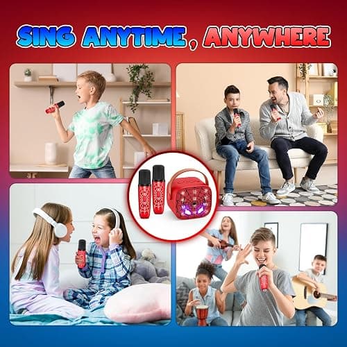 Mini Karaoke Machine Toys Gifts: Kids Toys Easter Birthday Gifts for 4 5 6 7 8 9 Years Old Girl Boy LED Portable Bluetooth Speaker with 2 Wireless Microphone Girl Boy Kid Adult Gift Toy Age 3-12+ - Red thumbnail 5