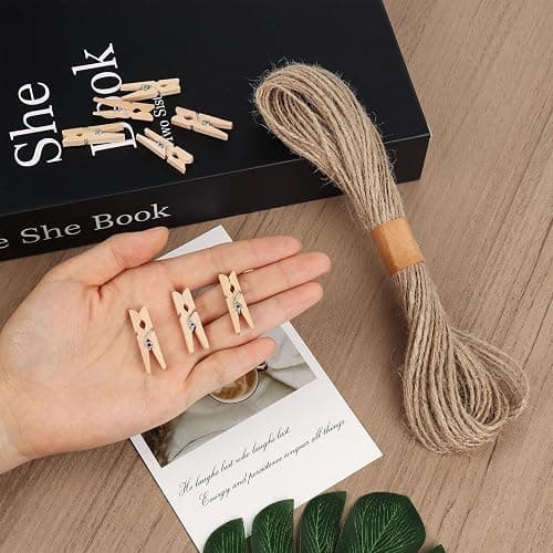 100 Pcs Wooden Clothespins for Photo Hanging Display, Mini Clothes Pins with String, Photo Display Hanging Clips for Crafts Pictures Photos Home Birthday Wedding Party Decoration thumbnail 6