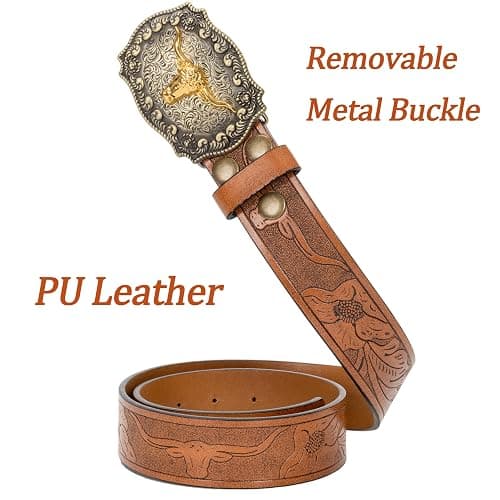 Mawjom Western Cowboy PU Leather Belt - Men Waist Strap Bull Decoration Floral Engraved for Jeans 25" to 38" Waist thumbnail 4
