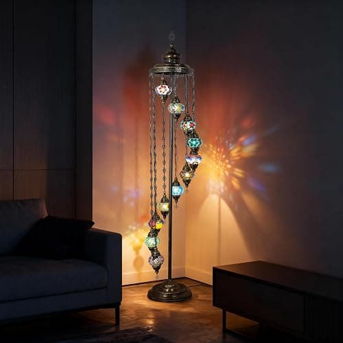 Mozaist Turkish Mosaic Floor Lamp with Bulbs – Handmade Multi Globe Moroccan Standing Lamp, Authentic Stained Glass Light, Bohemian Home Decor (Rainbow, 11 Globe Floor Lamp) - Image 1