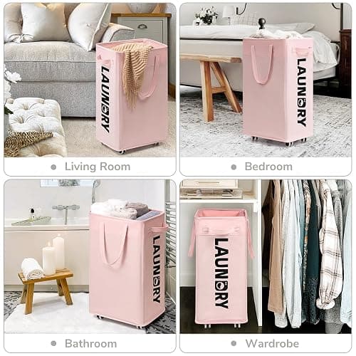 CHICVITA Slim Laundry Hamper with Wheels 75L, Collapsible Rolling Laundry Basket for Living Room, Pink Laundry Hamper for College Dorm thumbnail 6