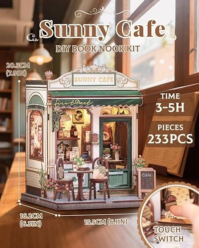 CUTEBEE Book Nook Kit - DIY Miniature House Dollhouse Kit for Adult and Teens, Booknook Bookshelf Decor Alley Model Build with LED Light, Gifts for Family and Friends (Sunny Cafe) thumbnail 3