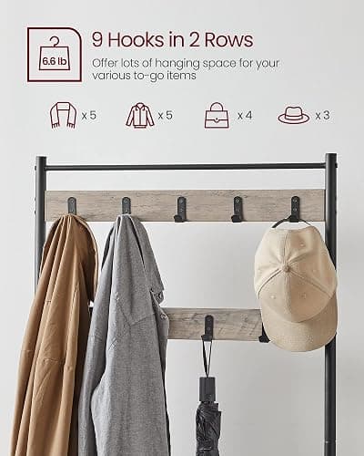VASAGLE Coat Rack, Hall Tree with Shoe Storage Bench, Entryway Bench with Shoe Storage, 3-in-1, Steel Frame, for Entryway, 12.6 x 27.6 x 68.9 Inches, Industrial, Greige and Black UHSR41MB thumbnail 5