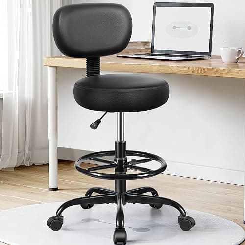 Brick Attic Drafting Chair with Backrest – Adjustable Foot Rest Rolling Stool with Wheels, PU Leather Swivel Stool for Office Spa Studio Lab Counter Salon Home Work Bar Kitchen Shop(Black) thumbnail 2