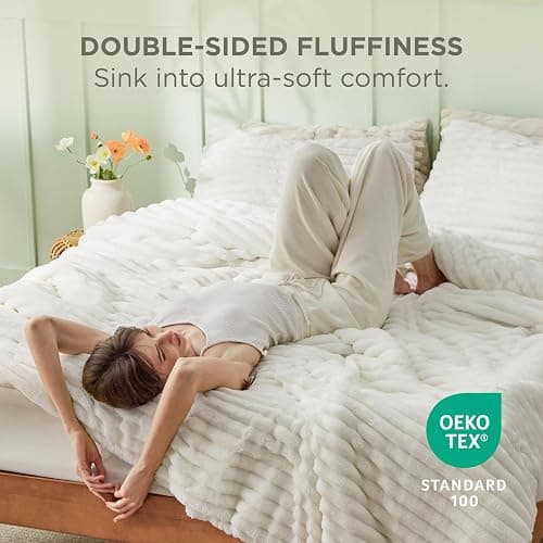 Bedsure Queen Comforter Set - GentleSoft™ 3 Pieces Fluffy Double-Side Fleece Comforter Set, Cozy Striped Room Decor Aesthetic, Luxury White Bedding Queen Size with 2 Pillowcases, 90x90 Inches thumbnail 2